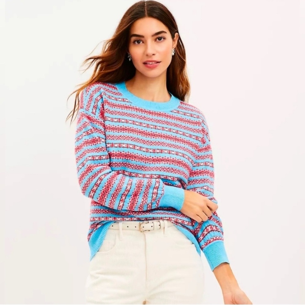 NWT Loft Women’s Crewneck Vibrant Knit Sweater Blue Red XS